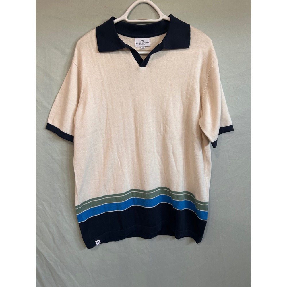 Simply Southern Outfitters Mens Knit Polo Shirt Cream Navy Blue Striped Medium